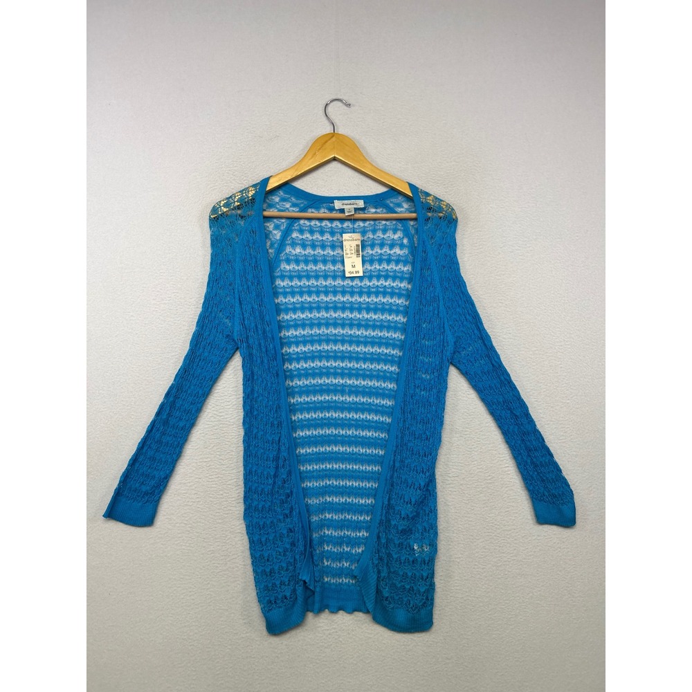 Boho Coastal Dressbarn Womens Size M Blue Pointelle Lace Knit Open Cardigan